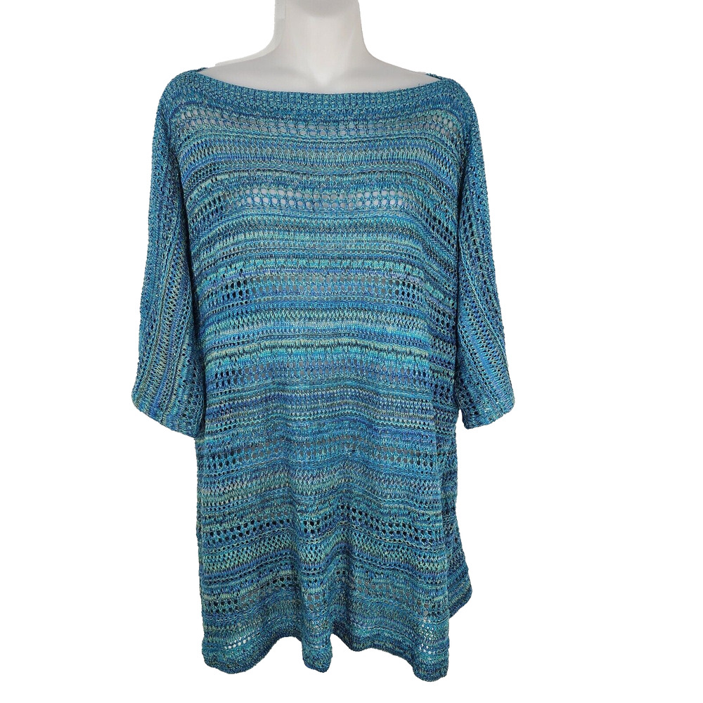 Catherine's Sweater Women’s 1X Open Knit Blue Crochet Dolman Short Sleeve Boat